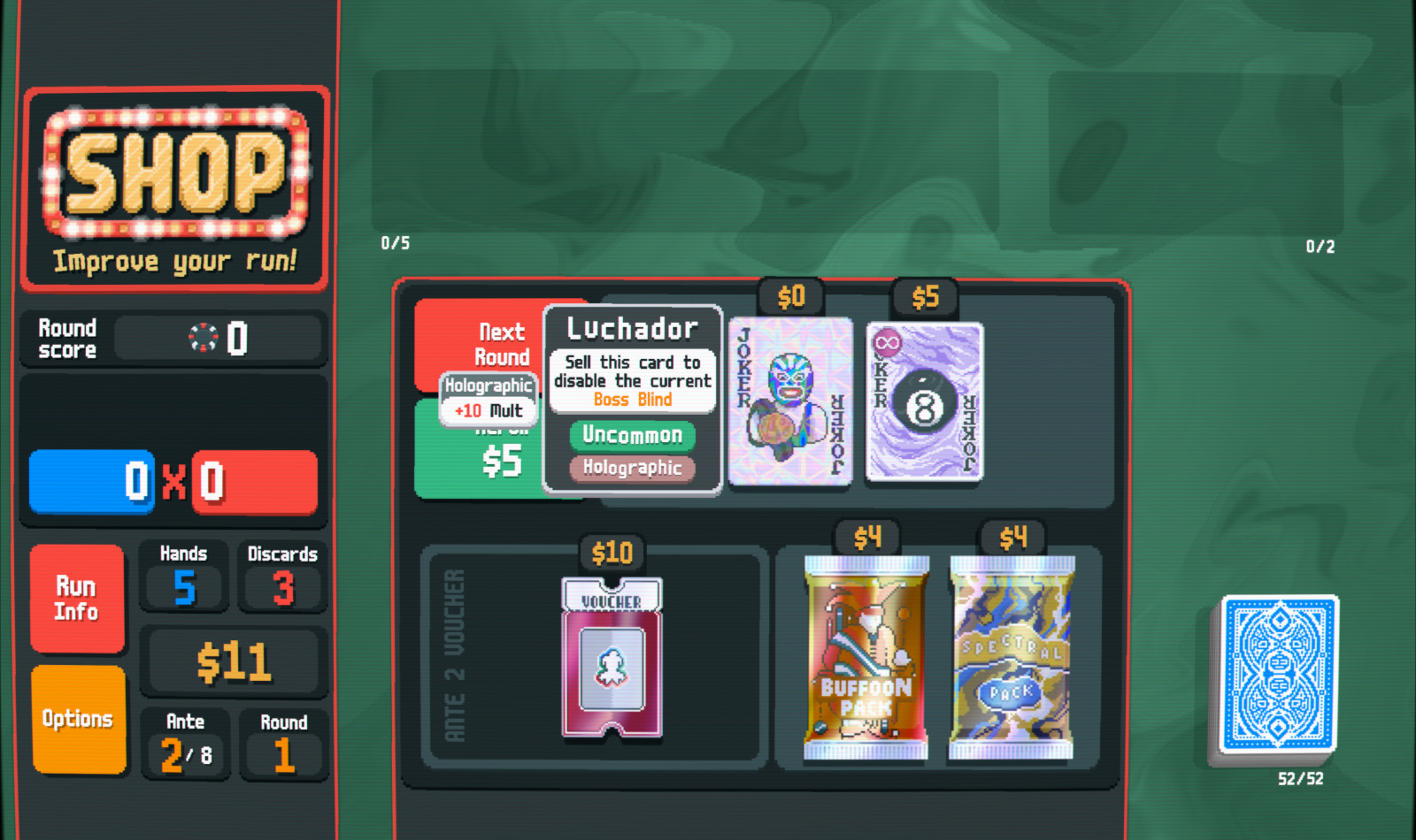 Screenshot of Balatro's in-game shop
