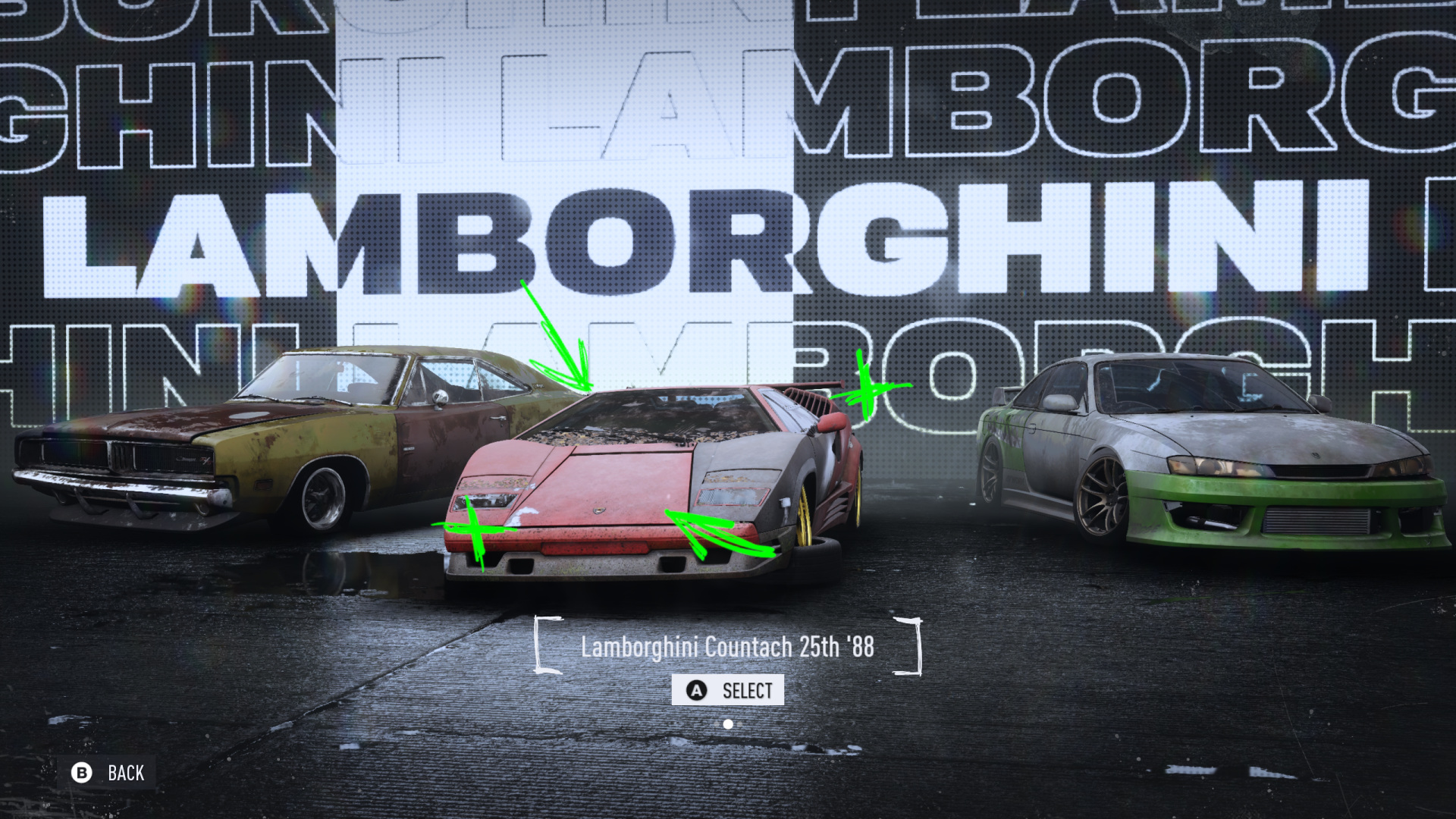 Initial car selection screen, with three cars posing in front of a giant screen with bold typography